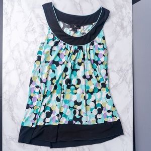 Scoop Neck Flowy Tank Top Blouse Green Black Dots